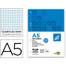 Liderpapel Recambio A5 100 Hojas 100gr Cuadro 5mm Con Margen 6 Taladros Papel Extrafuerte Precio: 2.50000036. SKU: B1BKDEAWMP