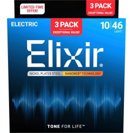Elixir Cuerdas Eléctrica Nanoweb Nickel P. Steel Light 10-46 (Pack de 3 Juegos)