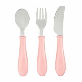 Beaba Set de 3 Cubiertos de Aprendizaje para Bebés de Acero Inoxidable Rosa Cuchara, Tenedor y Cuchillo con Formas Redondeadas
