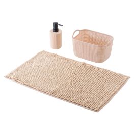 Berilo Set 3 Piezas Baño Beige Plástico y Tela con Alfombrilla de 38x58cm y Cesta de 23.7x16x14cm (Set de 12)
