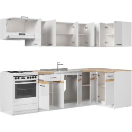 JUNONA Cocina completa de rincón 340cm - 10 elementos - Encimera incluida - Blanco brillo JUNONA Cocina completa de rincón 340cm - 10 elementos - Encimera incluida - Blanco brillo