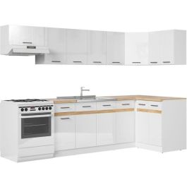 JUNONA Cocina completa de rincón 340cm - 10 elementos - Encimera incluida - Blanco brillo JUNONA Cocina completa de rincón 340cm - 10 elementos - Encimera incluida - Blanco brillo