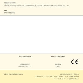 Edm Downlight LED Superficie Cuadrado Blanco 20W 1500lm 4000K Luz Día 22x22x3cm