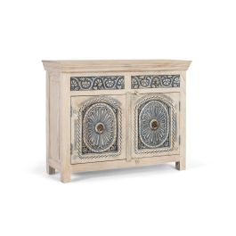 Giner y Colomer Aparador Tallado Artesanalmente con 2 Cajones y 2 Puertas en Madera de Mango Blanco y Azul