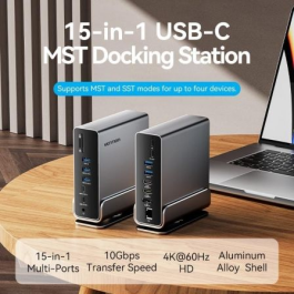 Docking USB Tipo-C Vention TPUH0/ 2xHDMI/ 1xDisplayPort/ 3xUSB Tipo-C/ 5xUSB/ 1xRJ45/ 1xLector de Tarjetas/ 1xJack 3.5/ 1xUSB Tipo-C PD/ Gris