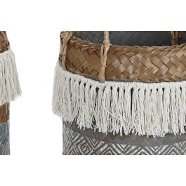 DKD Home Decor Cesta Balines Decorativa Almacenaje de Bambú y Algodón, Set de 3 Piezas, Gris, Blanco y Natural, 49x49x57 cm