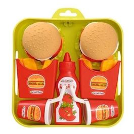 Ecoiffier Chef Bandeja de Hamburguesas 19.5 cm con 2 Hamburguesas, 2 Papas Fritas, 2 Bebidas y Botella Ketchup para Niños +18 meses