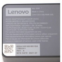 Lenovo Adaptador de Corriente 65W para Portátiles Lenovo, Doble Puerto, Soporta 20V/15V/9V/5V