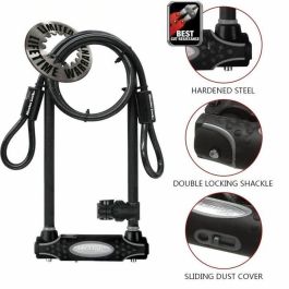 Master Lock Candado en U con Cable y Llave - Modelo XL - Acero Cementado, Doble Grillete, Cable 1.20m - Soporte Bicicleta
