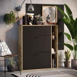 Zapatero LEONA de 2 puertas - Melamina negra y contorno de roble rústico - 8 a 10 pares - L90 x P25 x H102 cm Zapatero LEONA de 2 puertas - Melamina negra y contorno de roble rústico - 8 a 10 pares - L90 x P25 x H102 cm