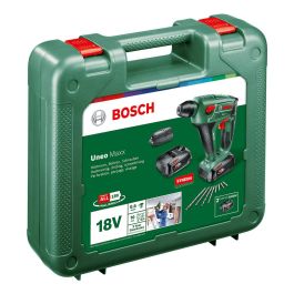 Bosch UNEO Maxx - Martillo percutor a batería 18V, portabrocas sin llave, 0.6 J, 5000 ppm, batería 2.5 Ah, incluye 4 brocas, negro/verde