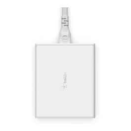 Belkin WCH010VFWH Cargador USB GaN 108W 4 Puertos, 2x USB-C PD 3.0, 2x USB-A, para Portátil, Smartphone, Tableta, Cable Corriente Alterna 2m, Color Blanco