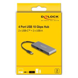 DeLOCK Concentrador USB 3.2 Gen 2, Hub 4 Puertos con 2 x USB-C 10 Gbps y 2 x USB-A, 15 W PD, Aluminio Gris, Cable 0.15 m