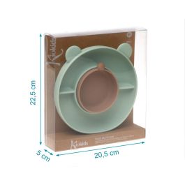 KioKids Plato de Silicona con 3 Compartimentos, Ventosa y Diseño de Oso para BLW, Verde, de Grado Alimentario y Lavavajillas, Edad +6 Meses