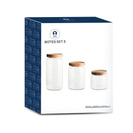 DKD Home Decor Bote Basicos Transparente Natural Vidrio Borosilicato Acacia Set 3 Piezas 10x20x10cm 1L/700ml