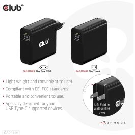Club3D Cargador de Viaje 1xUSB Tipo C PD 140W con Tecnología GaN para Interiores, 28V, Cable 1m Negro