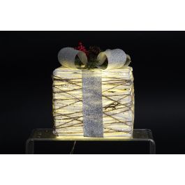 DKD Home Decor Set 3 Regalos Navidad Modernos con LED, Blanco Plateado, de Ratán, Funciona con 3 Pilas AA, 25x28x25 cm