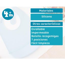 KioKids Babero de Silicona Blandito e Impermeable, Bolsillo Recogemigas, Ajustable, Enrollable, Azul, +4 meses