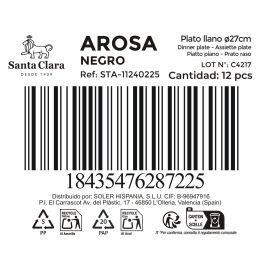 Inde Plato Llano Negro Arosa Serie Clara 27 cm Ø, Pieza de 20 cm, 850 g (12 Unidades)