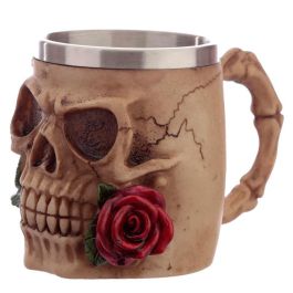 PUCKATOR Taza Calavera y Rosas de Resina y Acero Inoxidable - 10,5x10,5x15,5cm