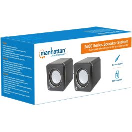 MANHATTAN 2600 Series Stereolautsprecher ber 3.5 mm-Klinkenstecker Strom ber USB-A kompaktes Format fr PCs und Notebooks schwarz