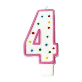 Party Time Vela Aniversario Numeral Cifra 4, 14 cm, Colores Surtidos, Decorada Círculos y Ribete, con Pincho para Tarta
