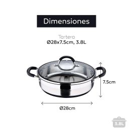 Masterpro Tartera Foodies BGMP-1503-BK Acero Inoxidable 18/10 con Tapa Ø28 x 7,5 cm 3,8L Apta Inducción