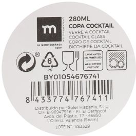 La Mediterranea Copa Cocktail 280 ml. Medidas: 16,8 cm Alto, 11,8 cm Ancho y 11,8 cm Largo. (24 Unidades)