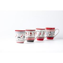 DKD Home Decor Mug Navidad Tradicional 340ml Porcelana New Bone Rojo Gris Blanco Apto Microondas Lavavajillas (12 Unidades)