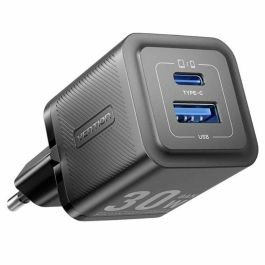 Vention FEQB0-EU Cargador de Pared GaN 2 Puertos (USB-C + USB-A) 30W Negro Compatible PD 3.0, QC 3.0, PPS