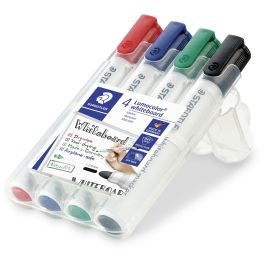 Staedtler Rotuladores Pizarra Blanca Lumocolor Punta Redonda, Estuche 4 Ud - Negro, Azul, Verde, Rojo
