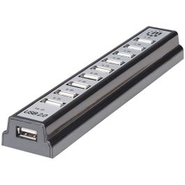 MANHATTAN Hub USB 2.0 de Escritorio 10 Puertos, Alta Velocidad 480 Mbit/s, Color Negro y Plata