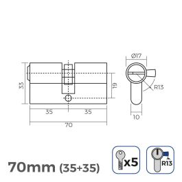 Cilindro 70mm (35+35mm) niquelado, leva corta r13 con 5 llaves seguridad incluidas