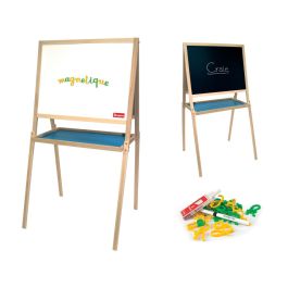 Jeujura Mesa Pizarra Creativa de Madera Doble Cara Magnética para Tiza y Marcador 105 cm Alto Bandeja y Patas Extraíbles Niños