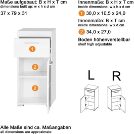 Trendteam Mueble bajo de baño AMANDA TRE4251014141968 - 1 puerta + 1 cajón - Blanco - L37 x P31 x H79 cm