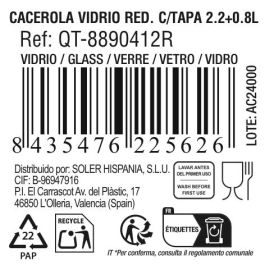 Quttin Cacerola Redonda de Vidrio con Tapa 2.2 + 0.8 Litros, 26.5 x 23 x 11 cm (3 Unidades)