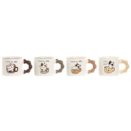 DKD Home Decor Taza Scandi de Porcelana/New Bone 335ml con Gatos Beige Marrón Apta Microondas Lavavajillas (12 Uds)