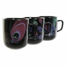 Taza Mug DKD Home Decor Porcelana Negro Rosa (11.5 x 8.5 x 10 cm) (3 pcs) (380 ml)