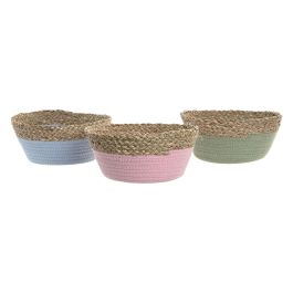 DKD Home Decor Cesta Kids de Seagrass y Algodón Rosa Verde Azul Natural 26 x 26 x 12 cm (Pack de 6 Unidades)