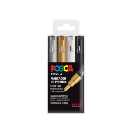 POSCA Marcadores PC-1M-4C Punta Fina 0.7 mm No Permanente Tinta Base Agua Colores Surtidos Metálicos Plata Oro Blanco Negro Estuche 4 Unidades Precio: 10.50000006. SKU: S8418982