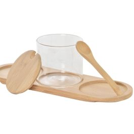 DKD Home Decor Azucarero Básicos Set de 3, Borosilicato y Bambú, 340ml Transparente Natural