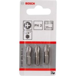 Bosch 2 607 001 511 - Puntas Destornillador Phillips PH2 de 25mm para Atornillador Eléctrico, Vástago 1/4", 3 Piezas
