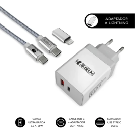 SUBBLIM CARGADOR ULTRA RAPIDO 2xUSB DE PARED PD25W+QC3.0+Cable C to C y lightning Blanco Precio: 24.89000008. SKU: B1H2WMGS4W