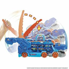 Camión hot wheels city t-rex definitivo. dinosaurio transporte y pista para coches de juguete. incluye 2 vehiculos.