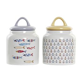 DKD Home Decor Bote de Gres Colección Costa Peces Mediterráneo Multicolor Blanco 11x11x16 cm, apto microondas y lavavajillas (4 Uds.)