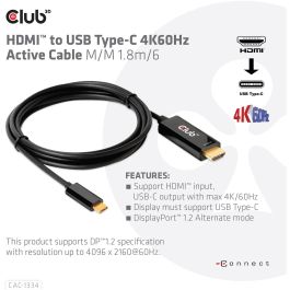Club 3D CAC-1334 Cable HDMI a USB-C, Activo 4K60Hz, 1.8m, Negro
