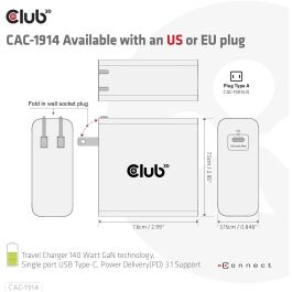 Club3D Cargador de Viaje 1xUSB Tipo C PD 140W con Tecnología GaN para Interiores, 28V, Cable 1m Negro
