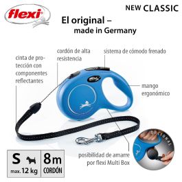 Flexi Correa Retráctil New Classic S con Cordón de 8 Metros Azul, Fabricada en Plástico y Nylon Resistente