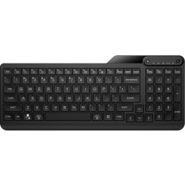 HP Compact Bluetooth keyboard supporting up to three devices, full-size layout, spill-resistant design, long battery life.