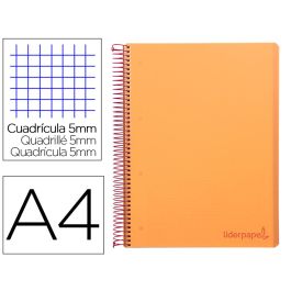 Cuaderno Espiral Liderpapel A4 Micro Wonder Tapa Plastico 120H 90 gr Cuadro 5 mm 5 Banda4 Taladros Color Naranja